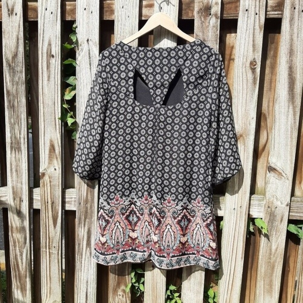 AUW Bohemian Tunic Lined Mini Dress Back Cut-out Bell Sleeve Size M - Picture 3 of 15